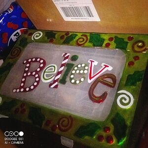 Large 14" Hand Crafted Blown Glass "Believe" Christmas Holiday Serving Platter